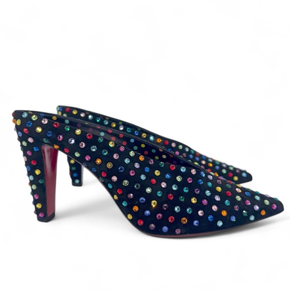 Rare CHRISTIAN LOUBOUTIN Veryvee Black Bedazzled Red Sole Mules Size 37 - Picture 10 of 17